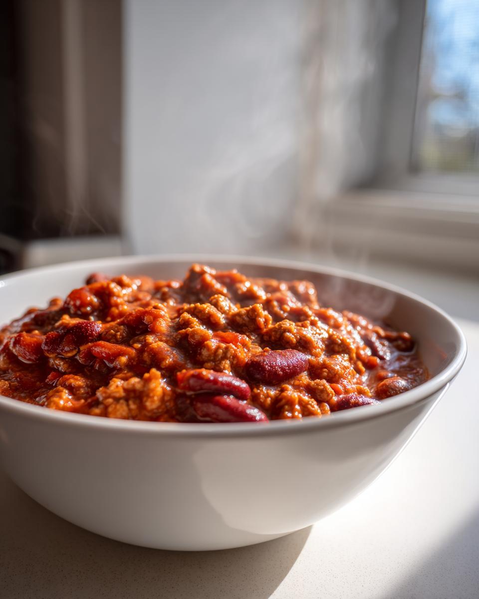 A close-up of a steaming white bowl filled with rich, hearty high protein chili featuring ground meat and kidney beans.