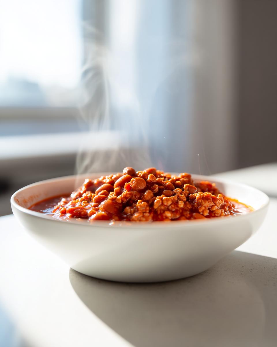 A white bowl filled with steaming, rich red high protein chili, set against a bright, softly lit background.