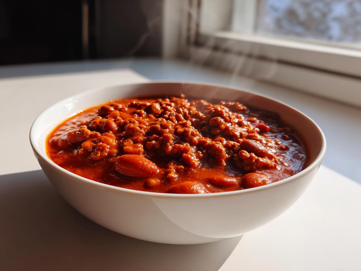 A white bowl filled with steaming, rich red high protein chili, set on a bright windowsill.