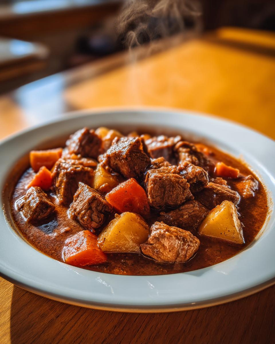 Close-up of a piping hot bowl of rich pork stew featuring tender chunks of meat, potatoes, and carrots in a savory sauce.