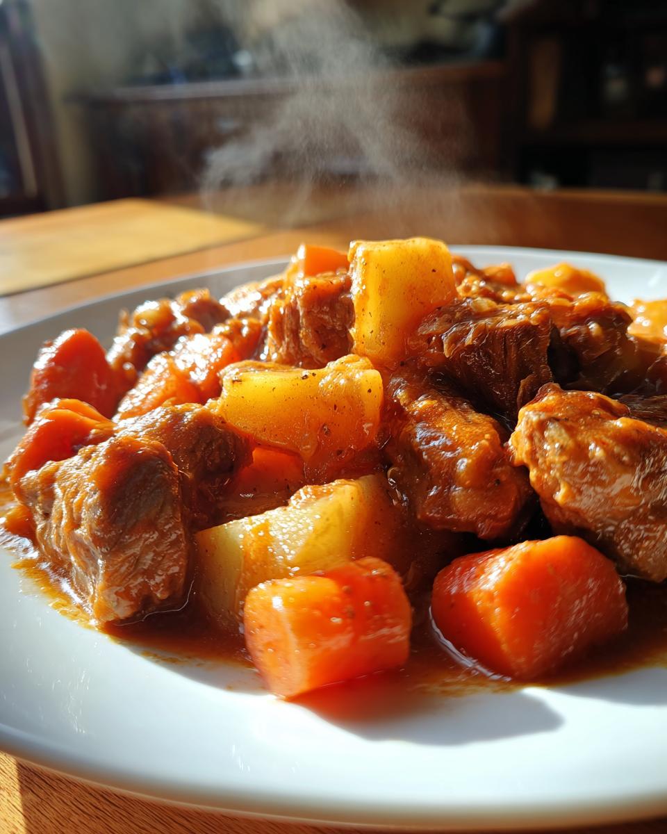 Close-up of a steaming hot serving of rich, saucy pork stew with chunks of potato and carrot on a white plate.
