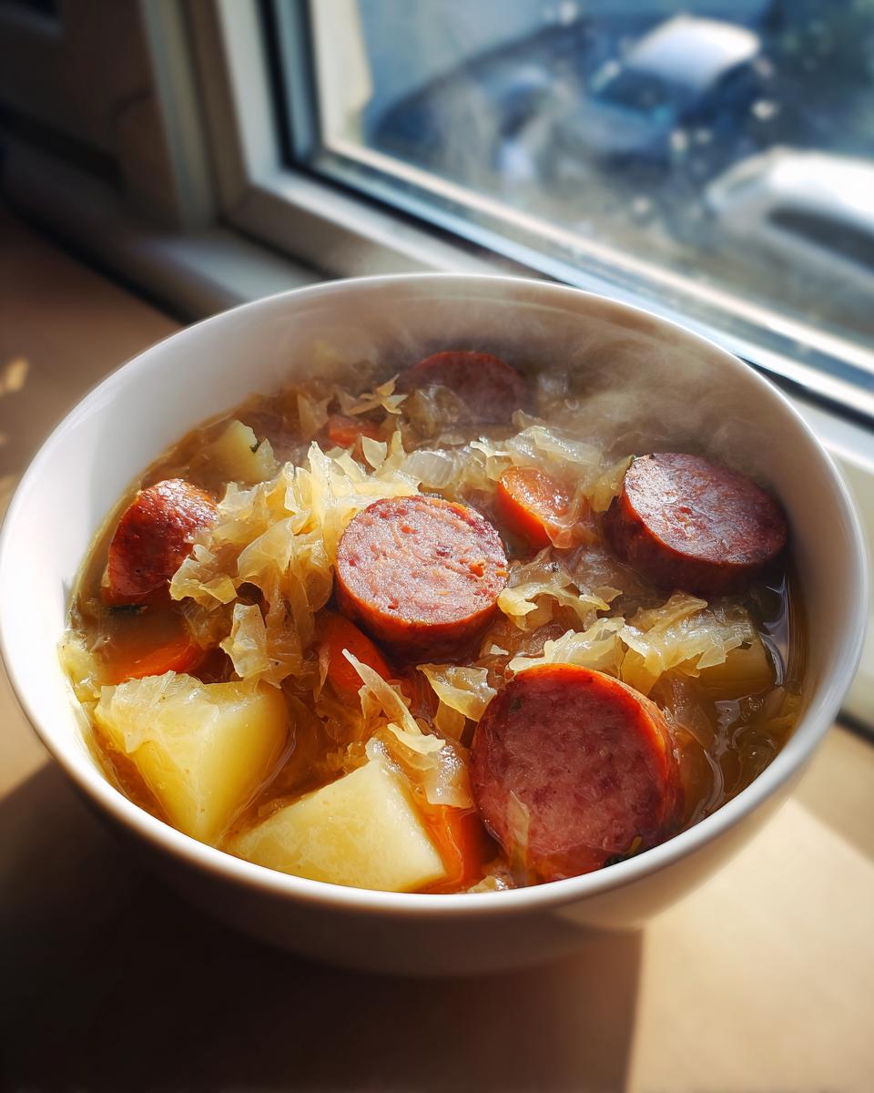 A steaming white bowl filled with hearty sauerkraut soup, featuring sliced sausage, potatoes, and carrots.