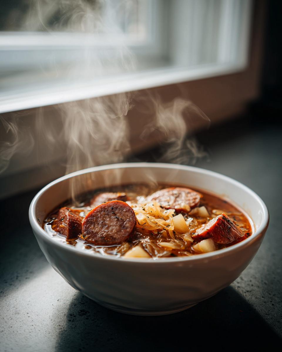 A steaming white bowl filled with rich sauerkraut soup, featuring thick slices of smoked sausage and potatoes.