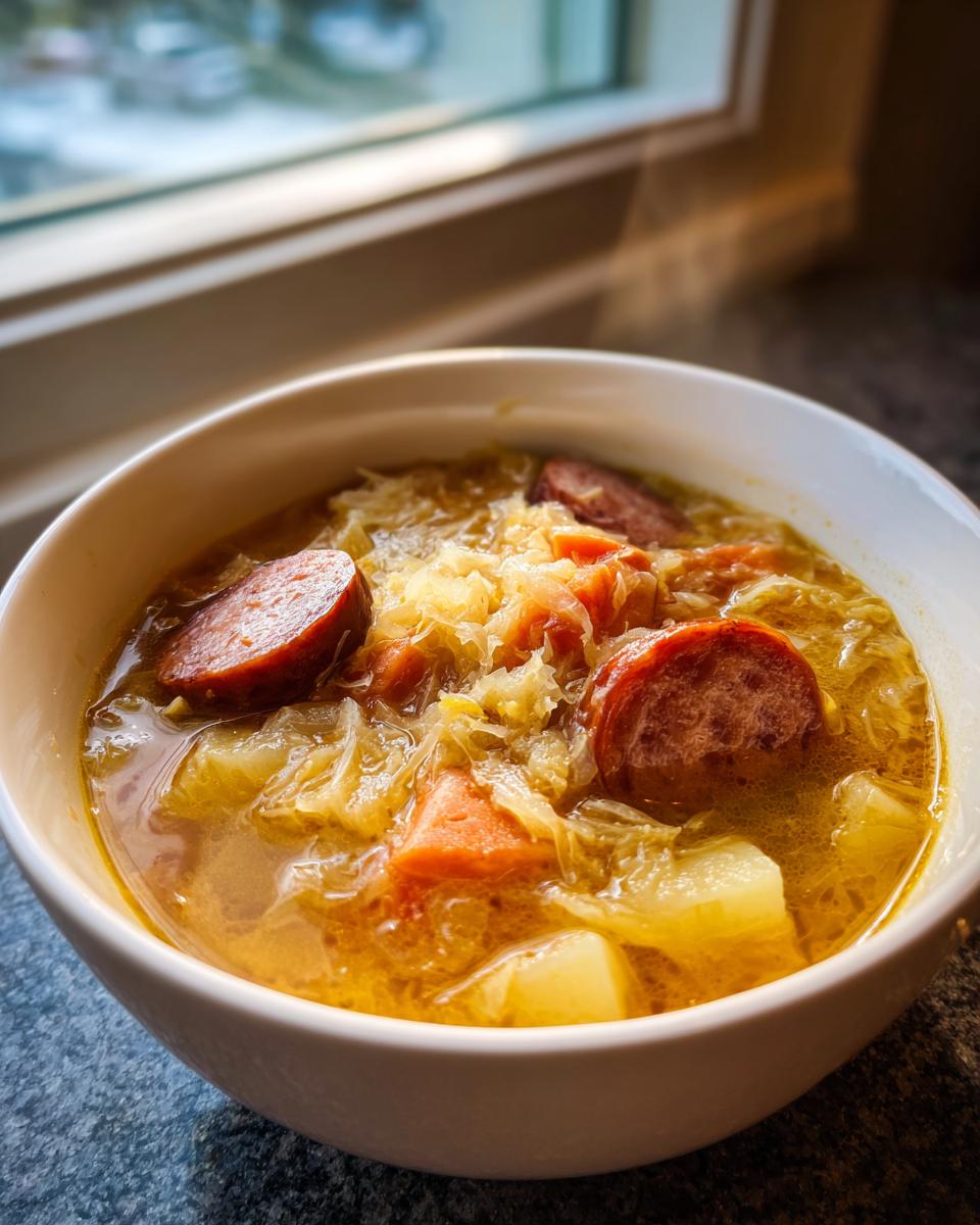Close-up of a steaming white bowl filled with hearty sauerkraut soup, featuring chunks of sausage and potatoes.