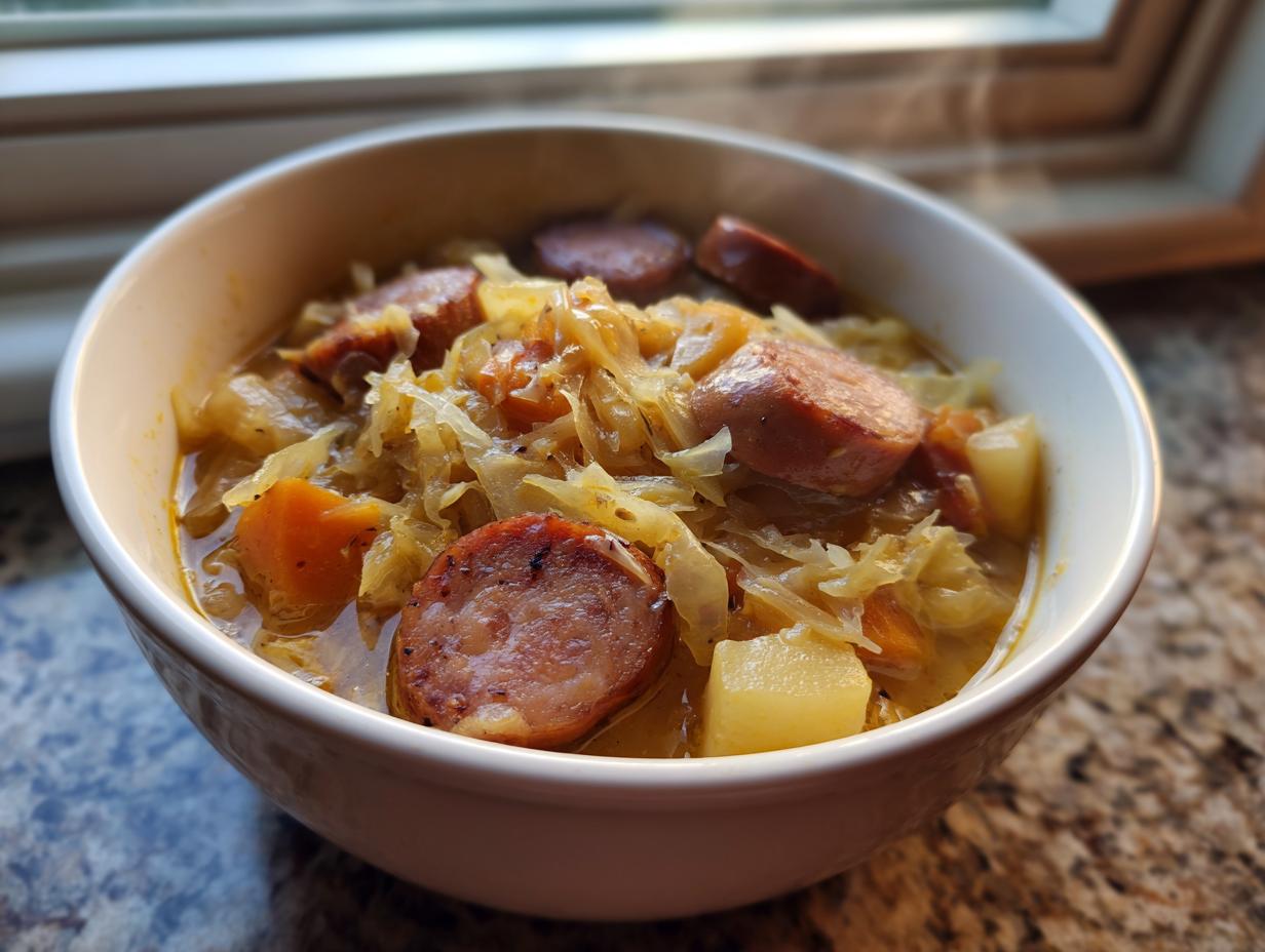 A close-up of a steaming white bowl filled with rich sauerkraut soup, featuring sliced smoked sausage and chunks of potato.