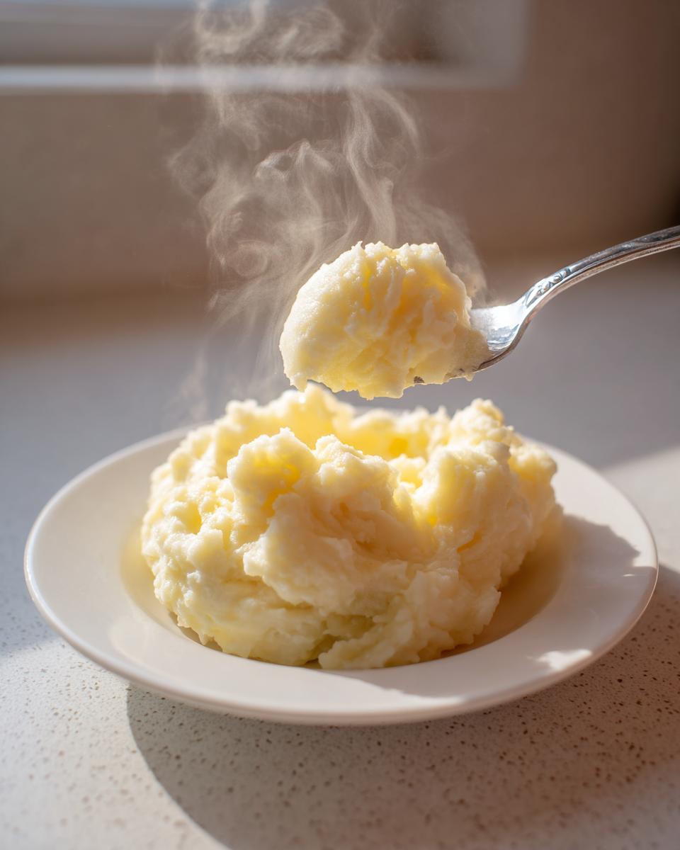 A fork lifting a scoop of steaming hot slow cooker mashed potatoes from a white plate.