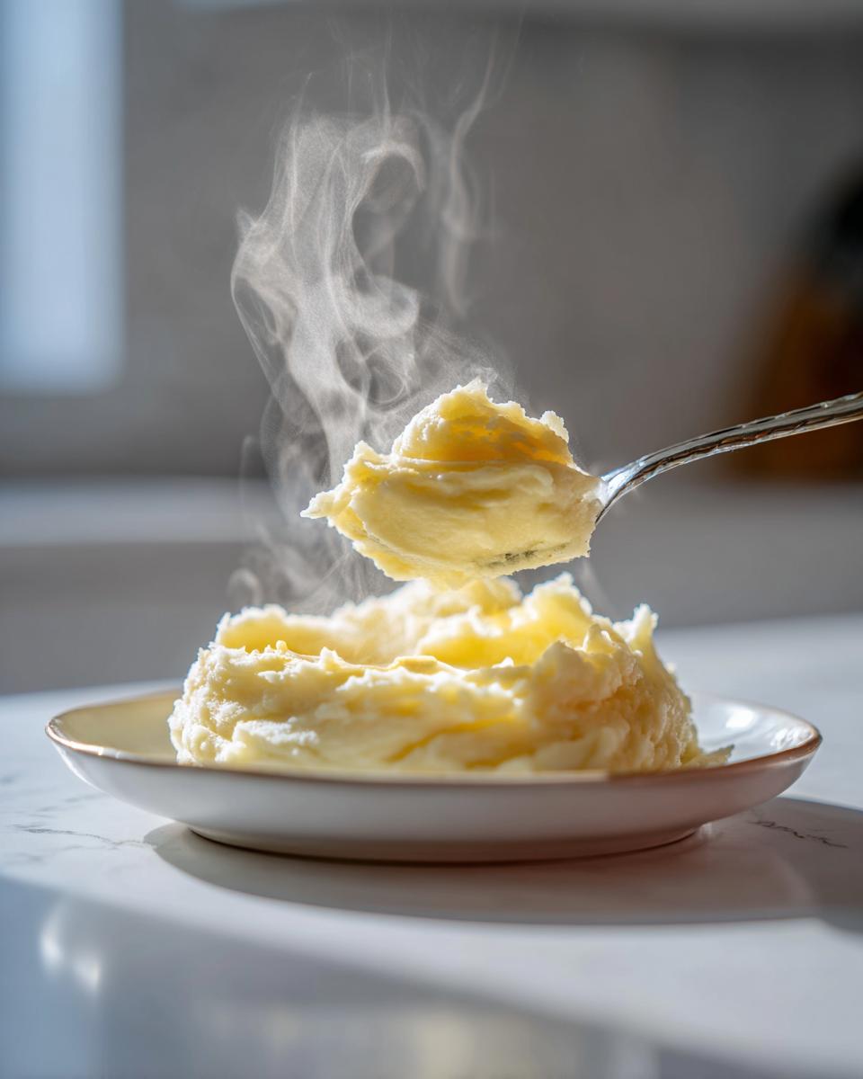A spoonful of creamy, steaming hot slow cooker mashed potatoes being lifted from a serving on a small white plate.