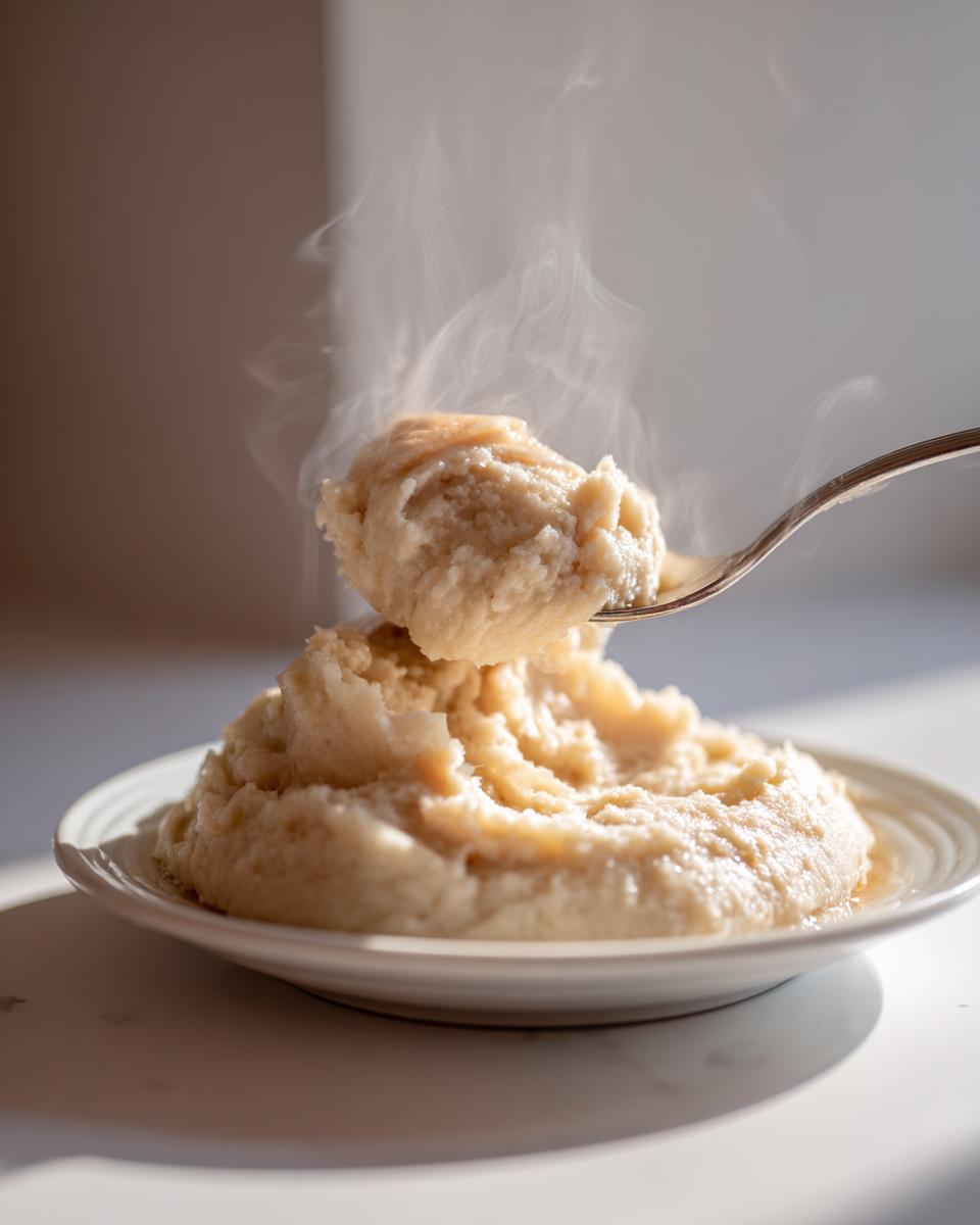 A spoonful of creamy, steaming hot slow cooker mashed potatoes being lifted from a white plate.