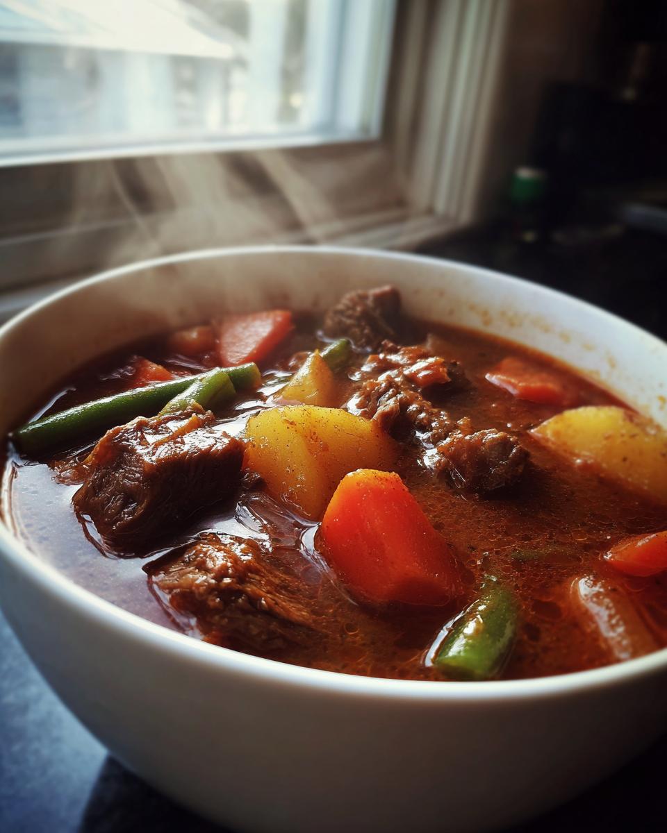 Close-up of a steaming white bowl filled with rich vegetable beef soup, showing chunks of beef, potatoes, carrots, and green beans.