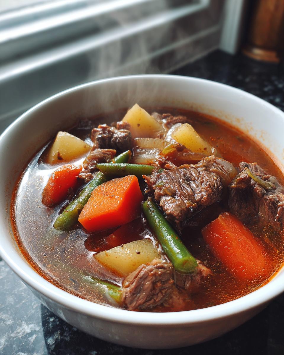 Close-up of a steaming white bowl filled with rich vegetable beef soup featuring chunks of beef, carrots, potatoes, and green beans.