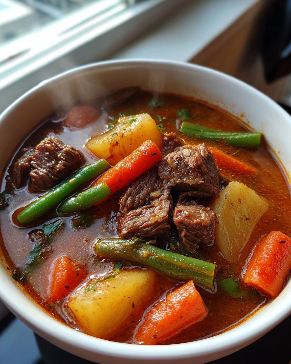 Close-up of a steaming white bowl filled with rich vegetable beef soup, featuring chunks of beef, carrots, potatoes, and green beans.