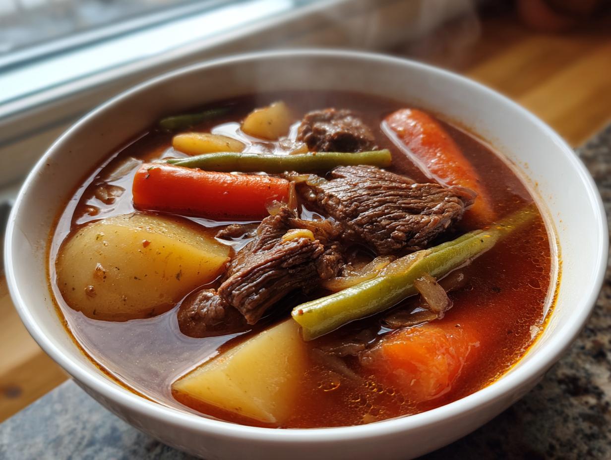 Close-up of a steaming white bowl filled with rich vegetable beef soup, featuring chunks of beef, potatoes, carrots, and green beans.