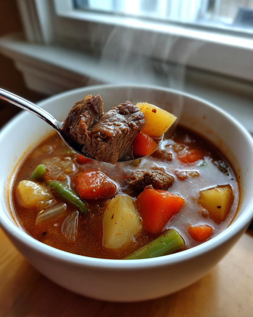A spoonful of steaming vegetable beef soup lifted from a white bowl, showing tender beef chunks, potatoes, and carrots.