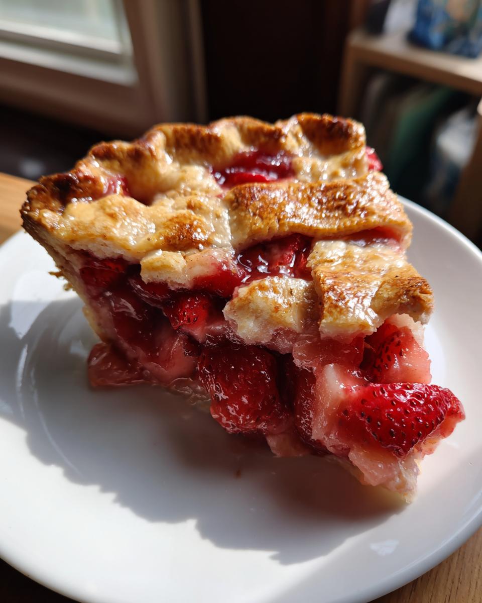 Close-up of a juicy slice of strawberry rhubarb pie showing the bright red filling and golden lattice crust on a white plate.