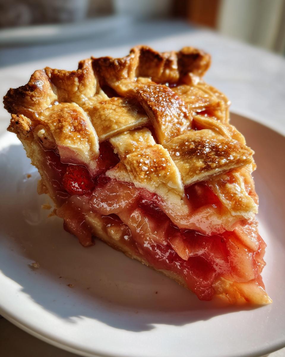 Close-up of a juicy slice of strawberry rhubarb pie featuring a golden lattice crust and bright red filling.