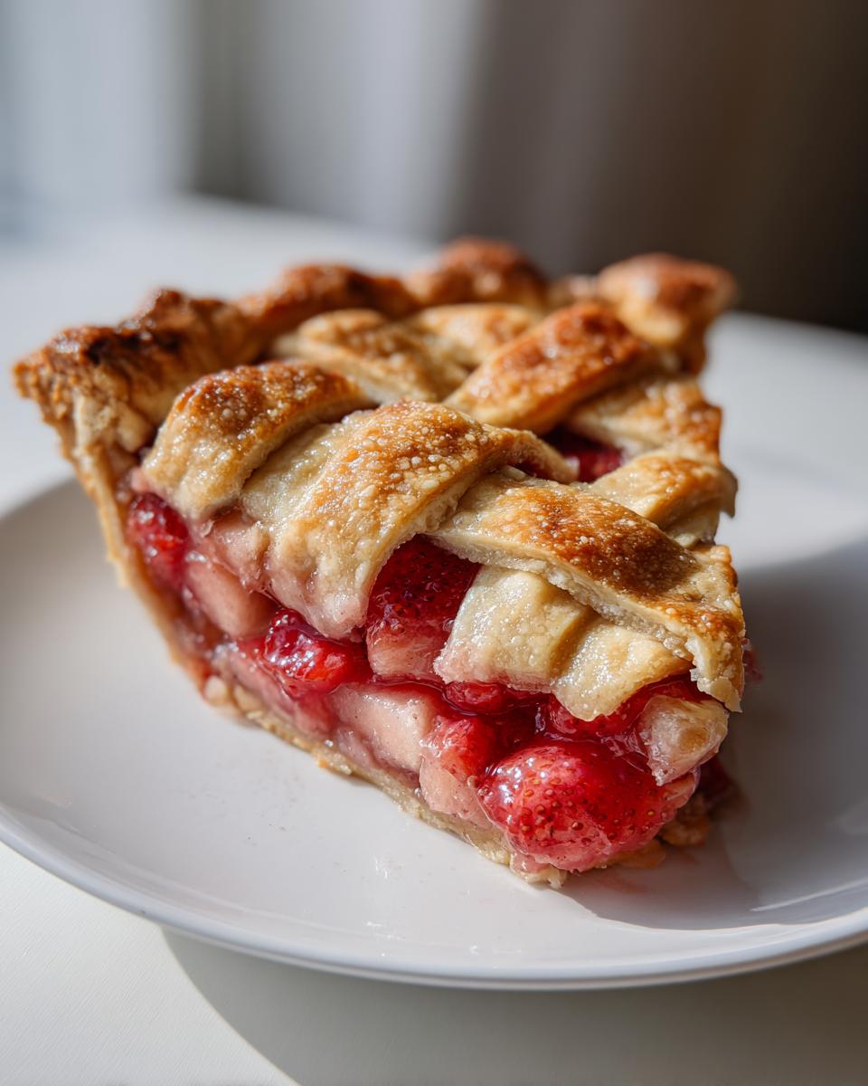 Close-up of a perfect slice of strawberry rhubarb pie showing juicy filling and a golden lattice crust.
