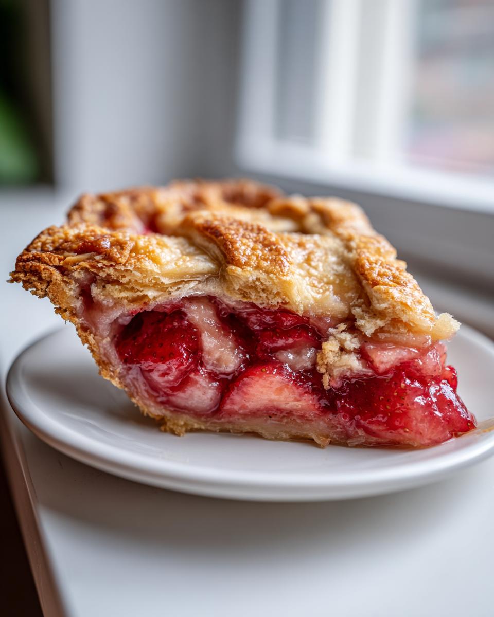 Close-up of a juicy slice of strawberry rhubarb pie showing the bright red filling and flaky lattice crust.