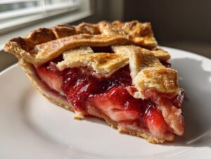 Close-up of a juicy slice of strawberry rhubarb pie featuring a golden lattice crust and glistening red filling.