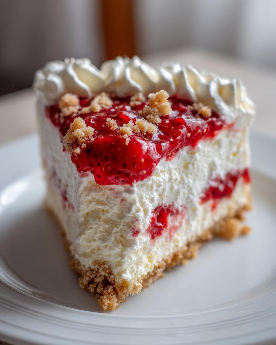 A close-up of a rich slice of strawberry shortcake cheesecake with creamy filling, strawberry topping, and whipped cream.