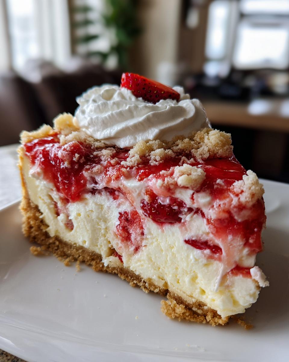 Close-up of a rich slice of strawberry shortcake cheesecake topped with strawberry glaze, crumble, and whipped cream.