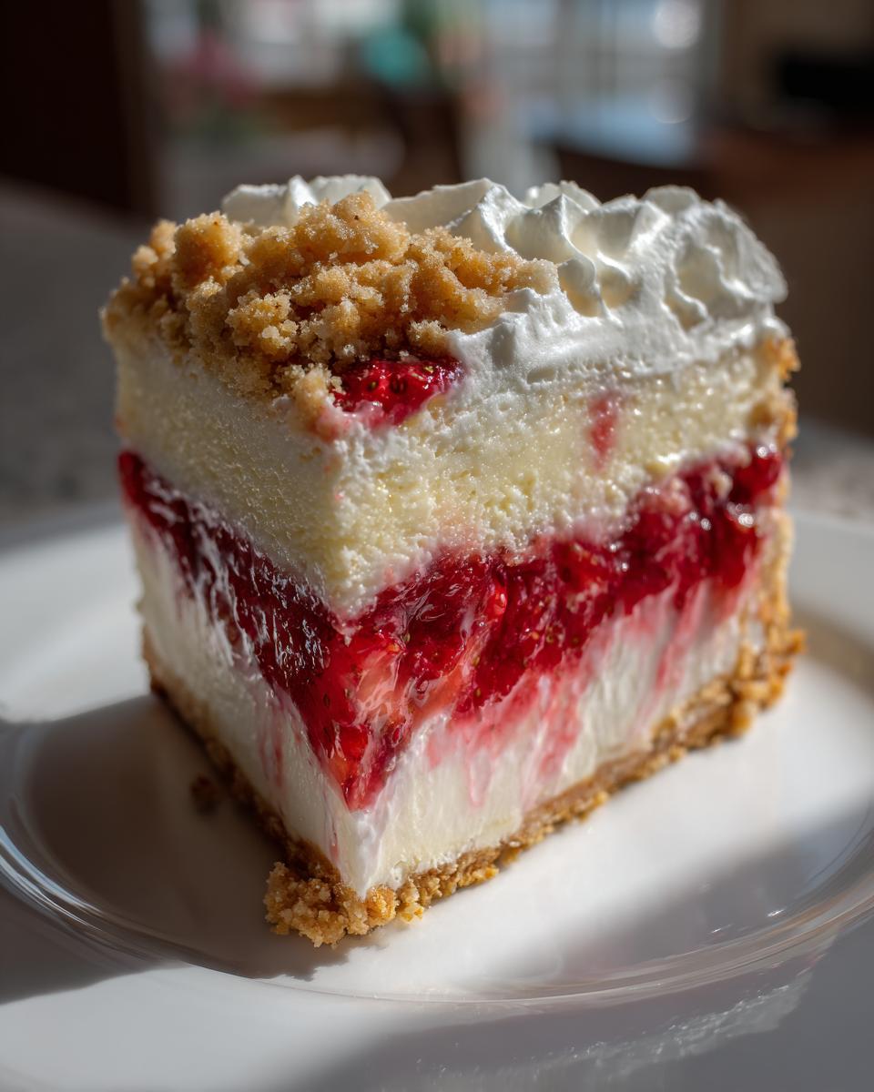 A perfect slice of strawberry shortcake cheesecake showing layers of graham crust, creamy filling, and bright red strawberry topping.