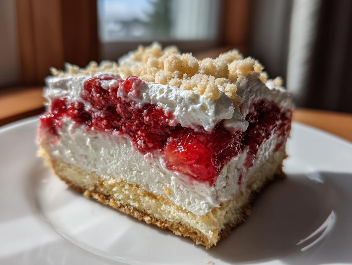 A close-up slice of strawberry shortcake cheesecake showing layers of cake, cream, and strawberry filling, topped with whipped cream and crumble.