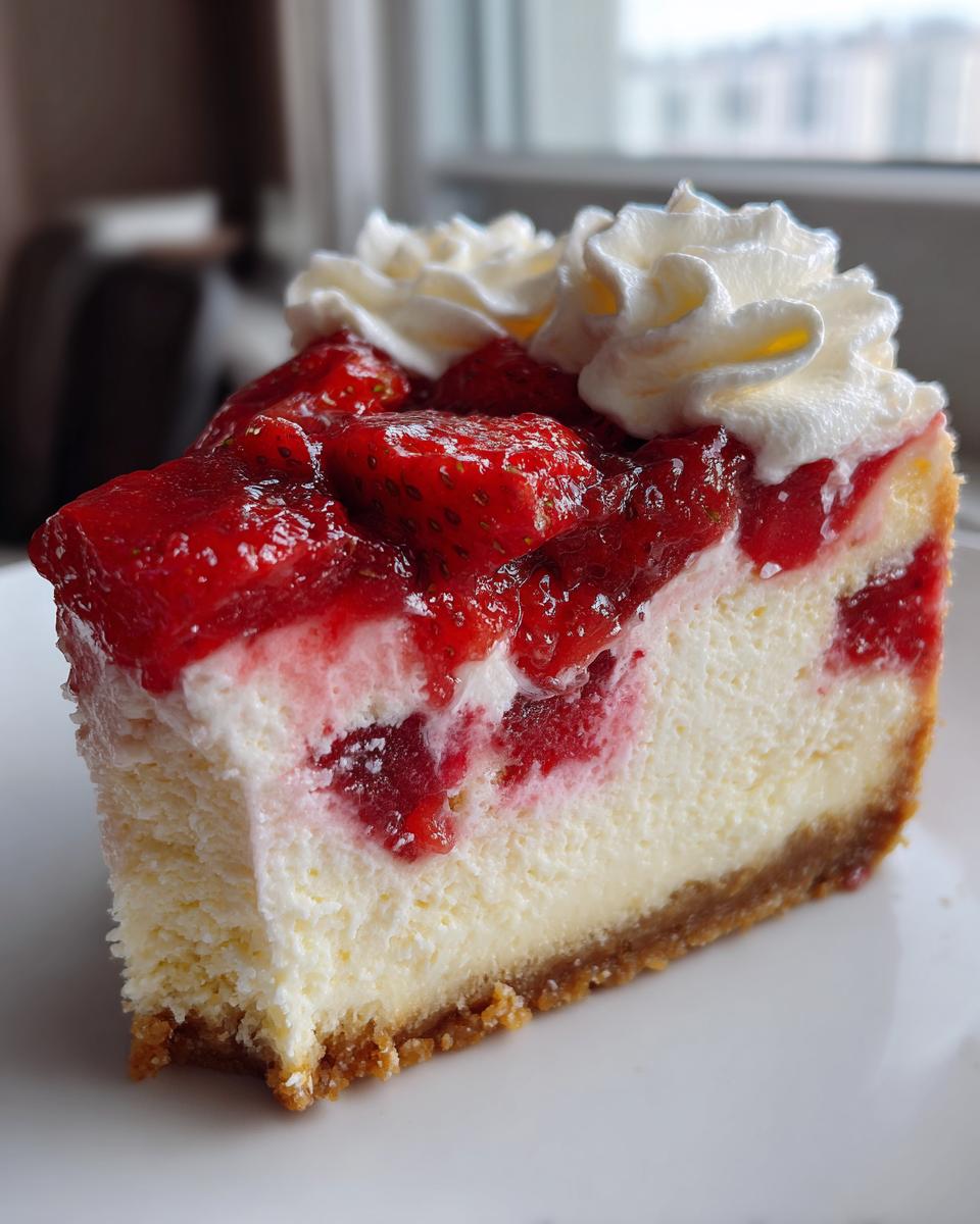 A decadent slice of strawberry shortcake cheesecake featuring a graham cracker crust, creamy filling, strawberry topping, and dollops of whipped cream.