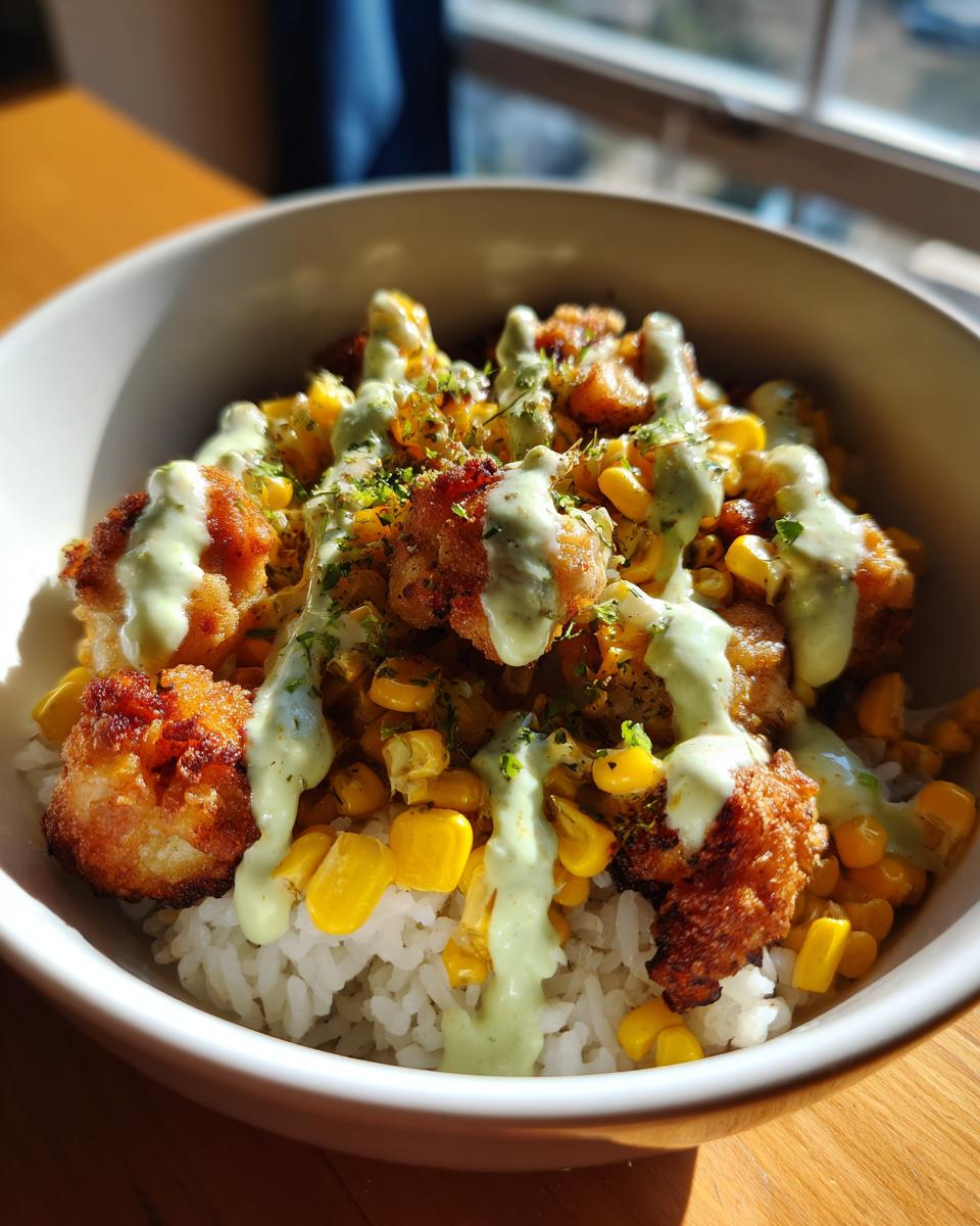 A close-up of a street corn chicken rice bowl featuring crispy chicken, yellow corn, and a drizzle of light green sauce over white rice.