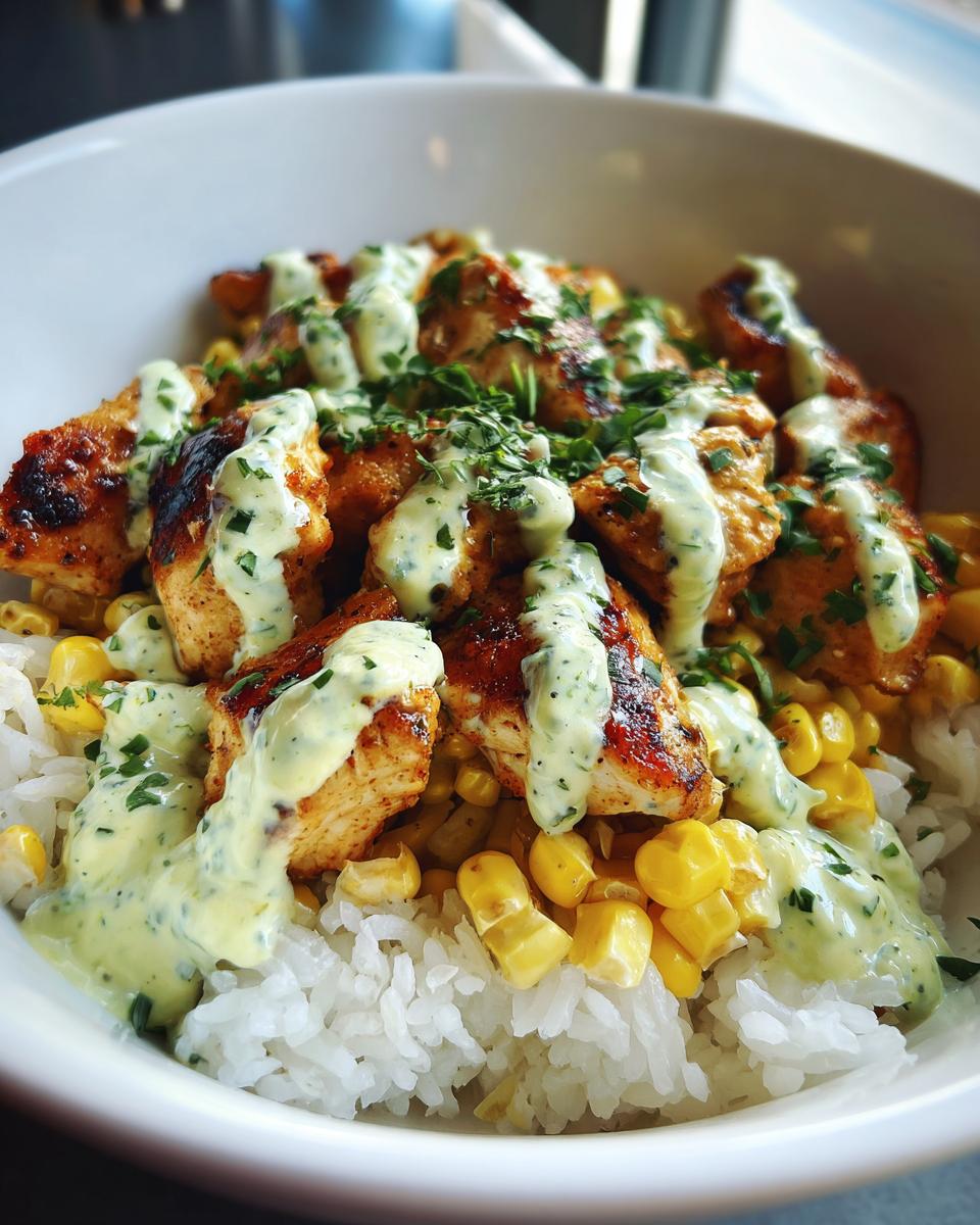 Close-up of a street corn chicken rice bowl featuring grilled chicken pieces, white rice, corn kernels, and a drizzle of creamy green sauce.