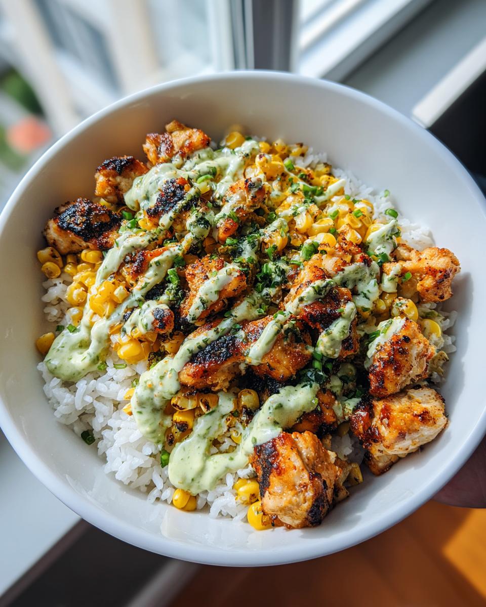 Close-up of a vibrant street corn chicken rice bowl featuring grilled chicken, corn, and creamy green sauce.