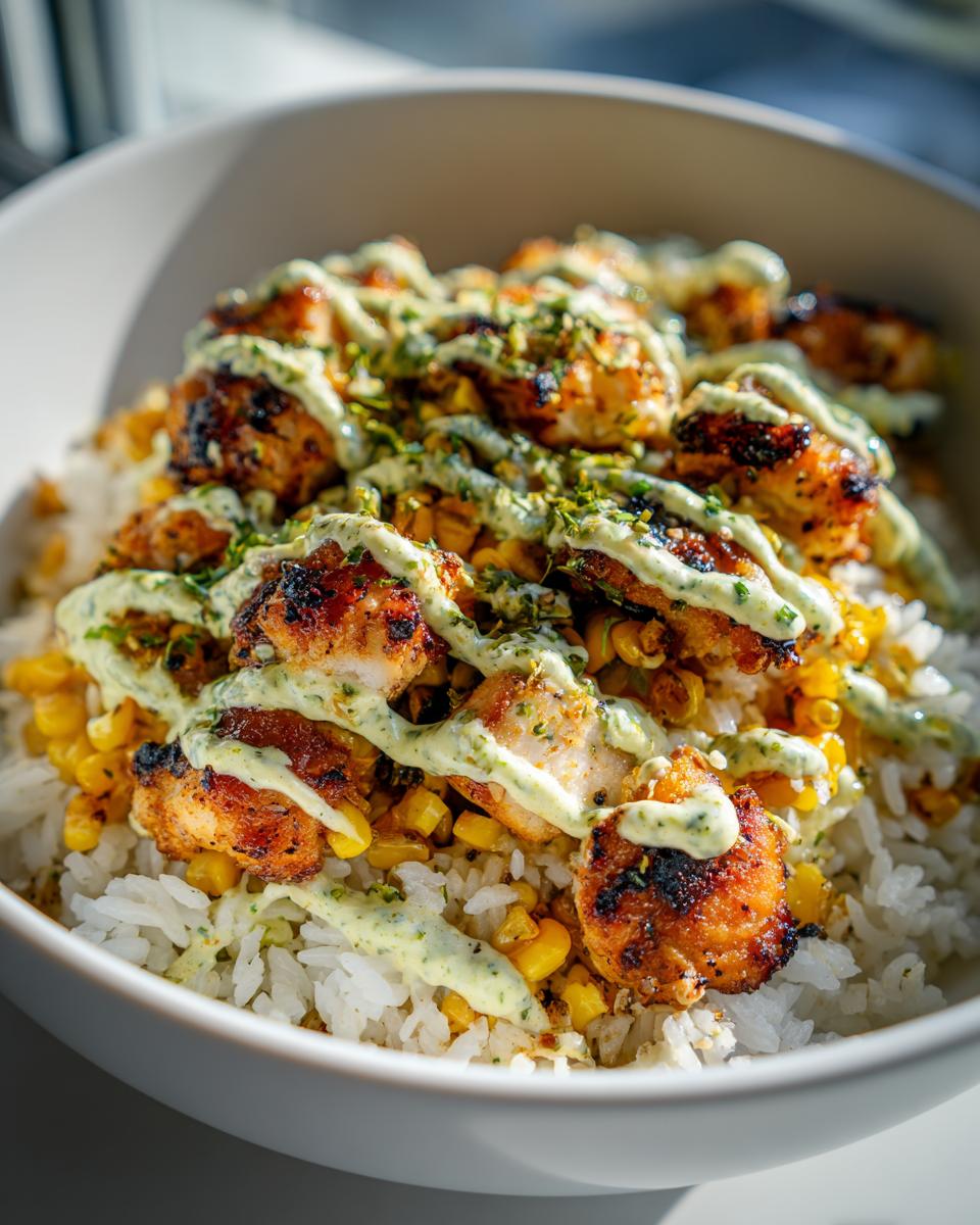 Close-up of a street corn chicken rice bowl featuring seasoned chicken, white rice, corn kernels, and a creamy green drizzle.