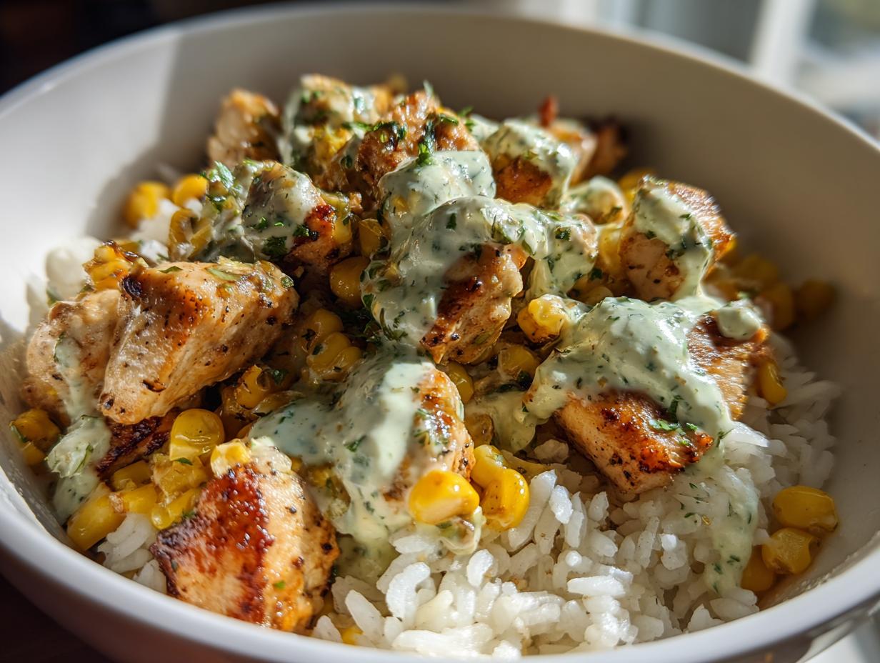Close-up view of a street corn chicken rice bowl featuring grilled chicken pieces, roasted corn, and a creamy green sauce over white rice.