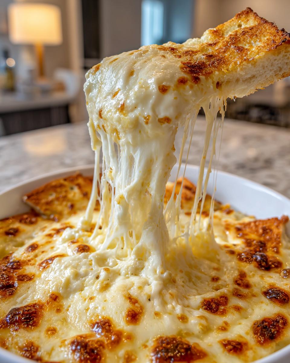 A piece of toasted bread is lifted from a bowl of hot beer cheese dip, creating long, stretchy strings of melted cheese.