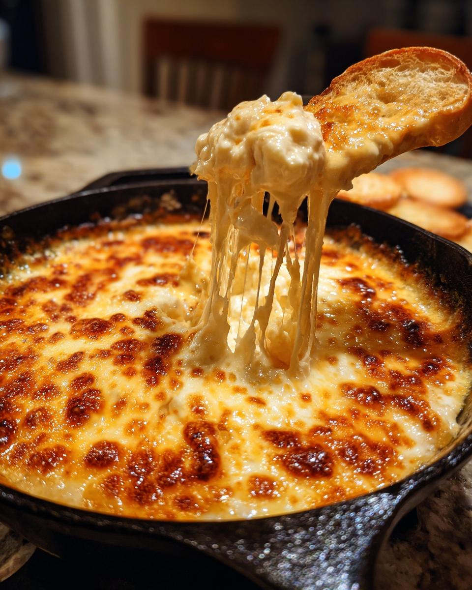 A piece of toasted bread scoops up a large portion of hot, gooey beer cheese dip, showing long cheese pulls.