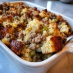 A spoonful of homemade sausage stuffing with browned bread cubes and ground meat being lifted from a white baking dish.