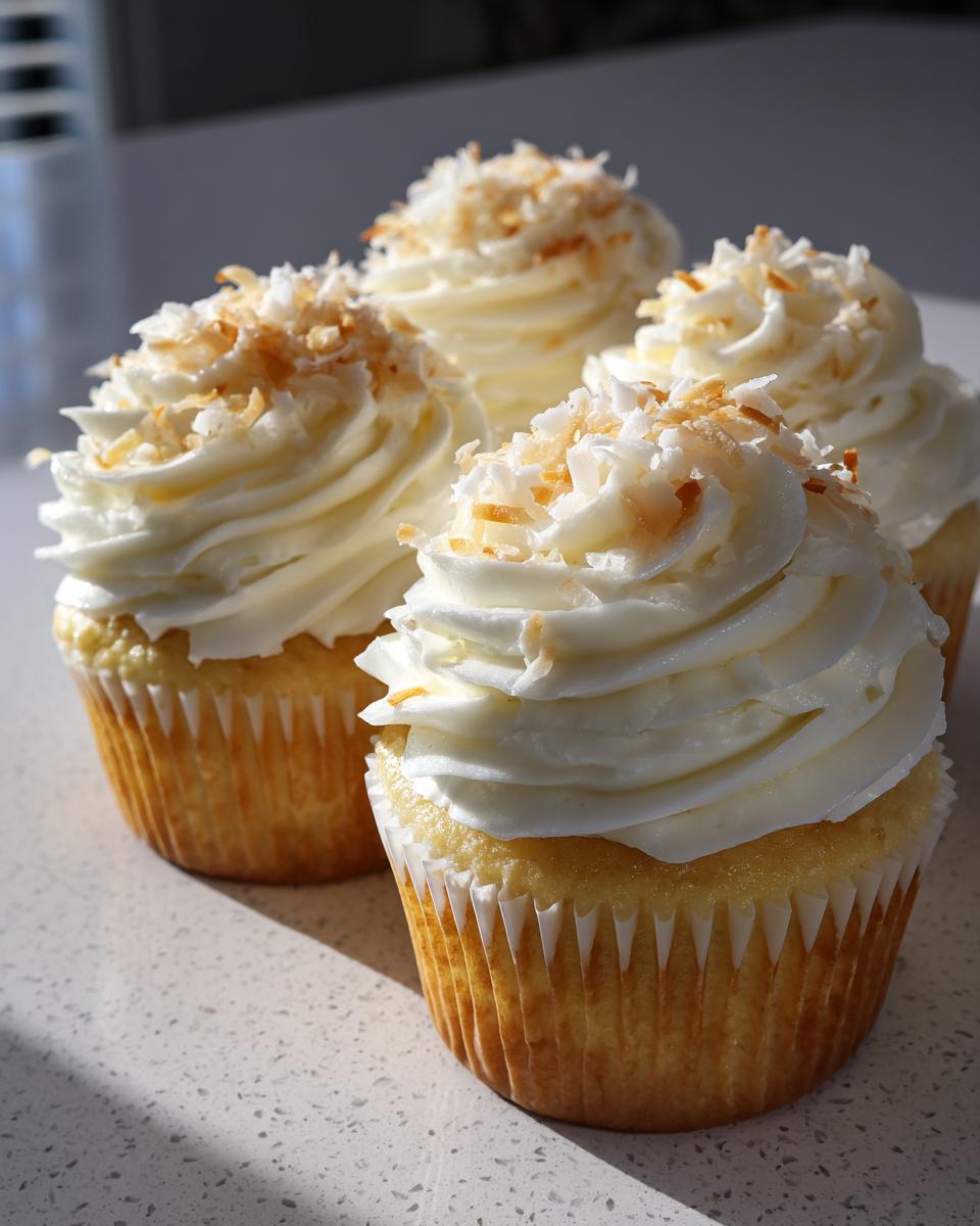 Four perfectly frosted coconut cupcakes topped with toasted coconut flakes sitting on a light countertop.