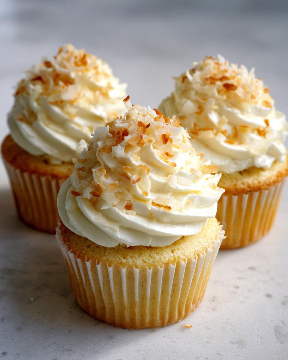 Three freshly baked coconut cupcakes topped with white frosting and toasted coconut flakes.