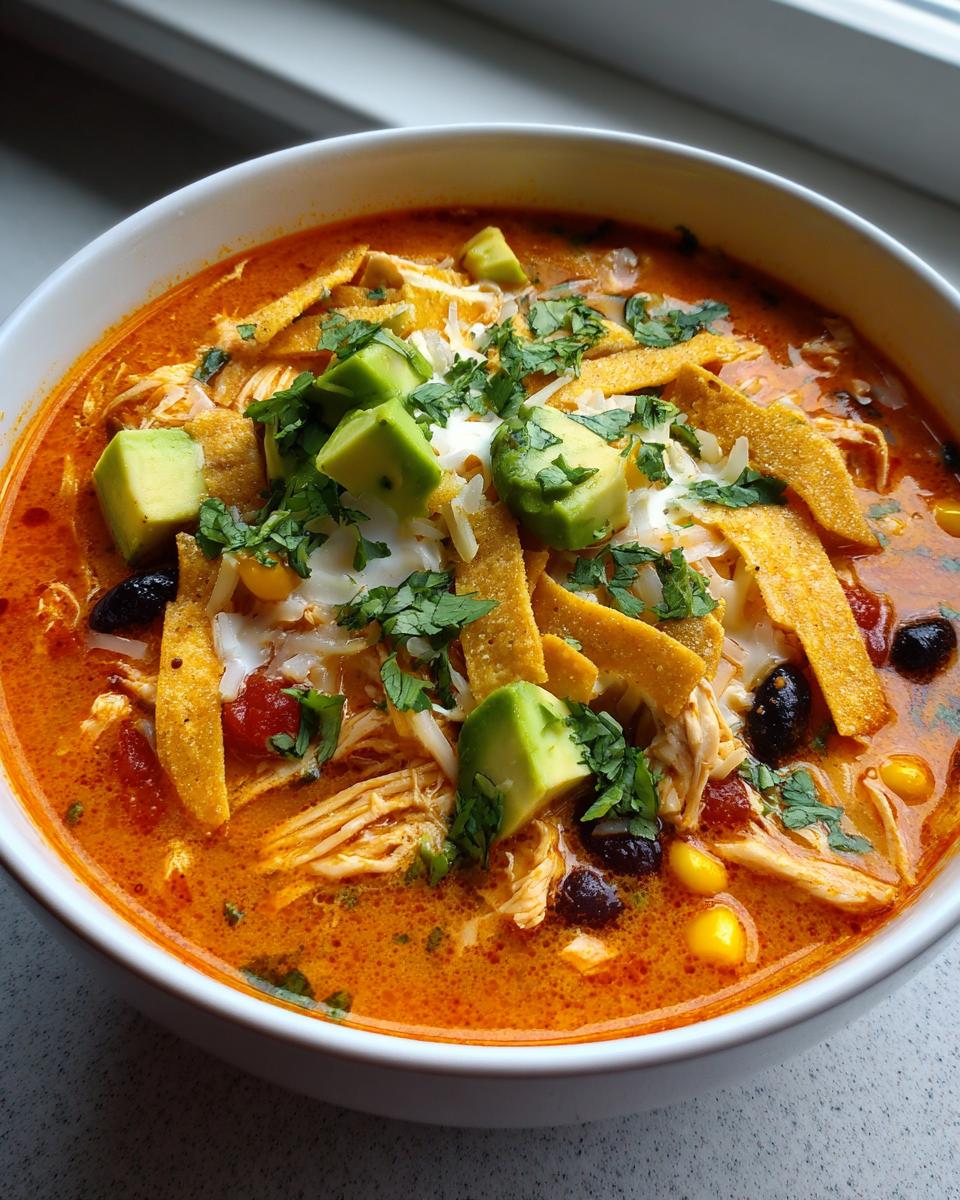 A close-up view of a rich, orange-red tortilla soup recipe topped with shredded chicken, avocado, cheese, and tortilla strips.
