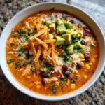 A close-up overhead view of a rich, orange-red tortilla soup recipe topped with avocado, black beans, cheese, and crispy tortilla strips.