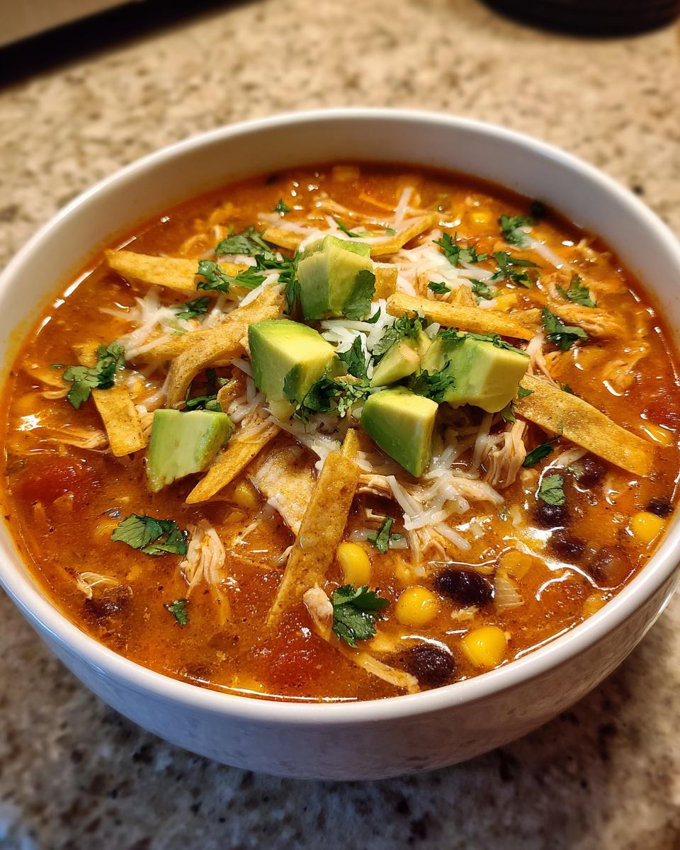 A close-up of a bowl of rich, red tortilla soup recipe topped with avocado, cheese, cilantro, and crispy tortilla strips.