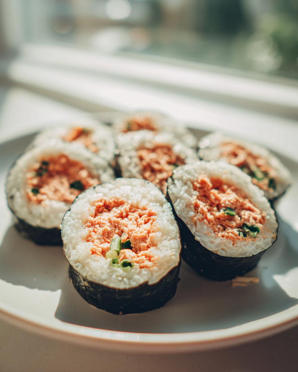 Several slices of homemade tuna kimbap, showing the rice, nori, and savory tuna filling, resting on a light plate.