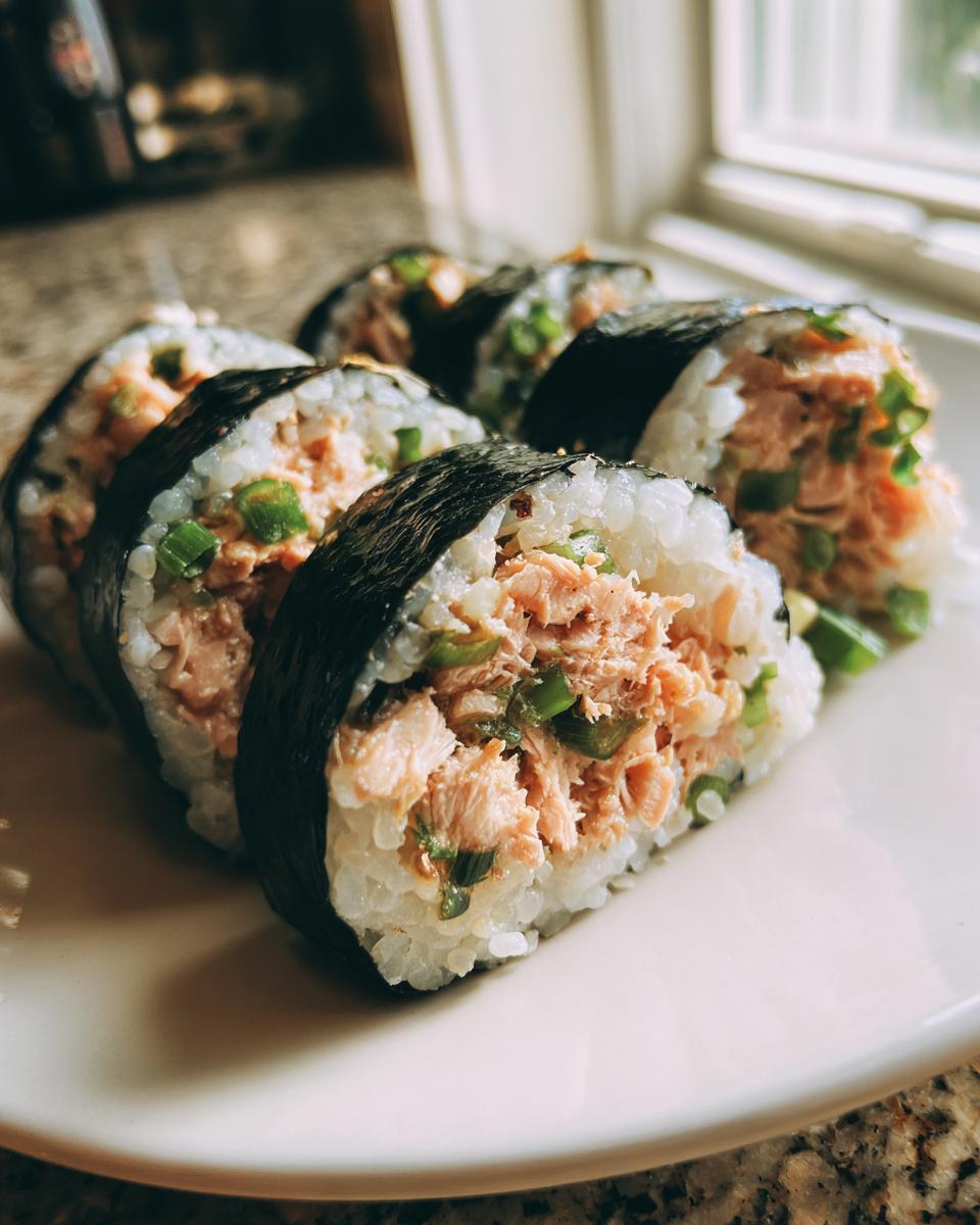 Close-up of several slices of homemade tuna kimbap filled with flaked tuna and green onions, resting on a white plate.