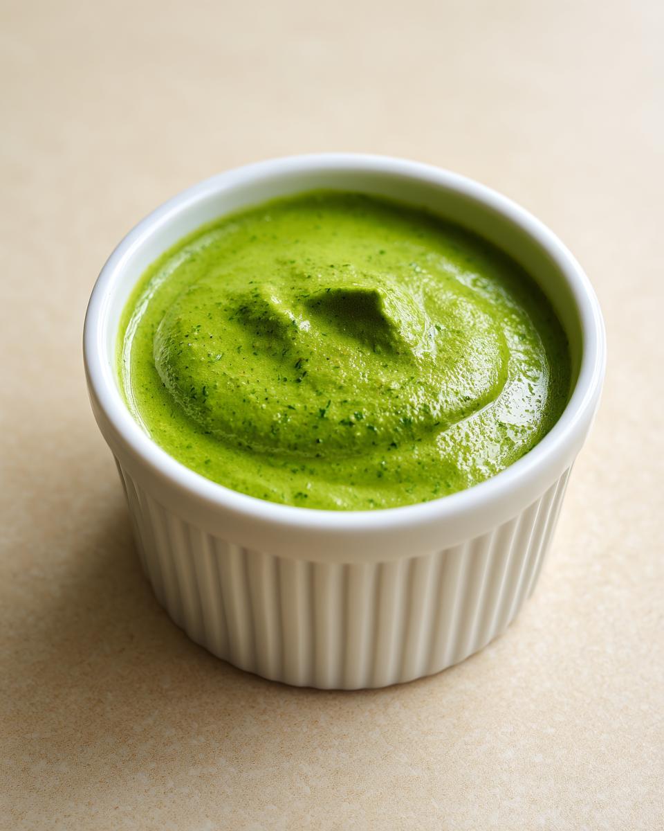 Close-up of vibrant green cilantro lime sauce blended smooth in a small white fluted ramekin.