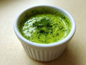 Close-up of bright green cilantro lime sauce garnished with fresh cilantro leaves in a small white dish.