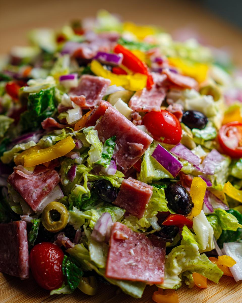 A close-up, vibrant view of a fully dressed grinder salad featuring chopped lettuce, salami pieces, olives, tomatoes, and red onion.