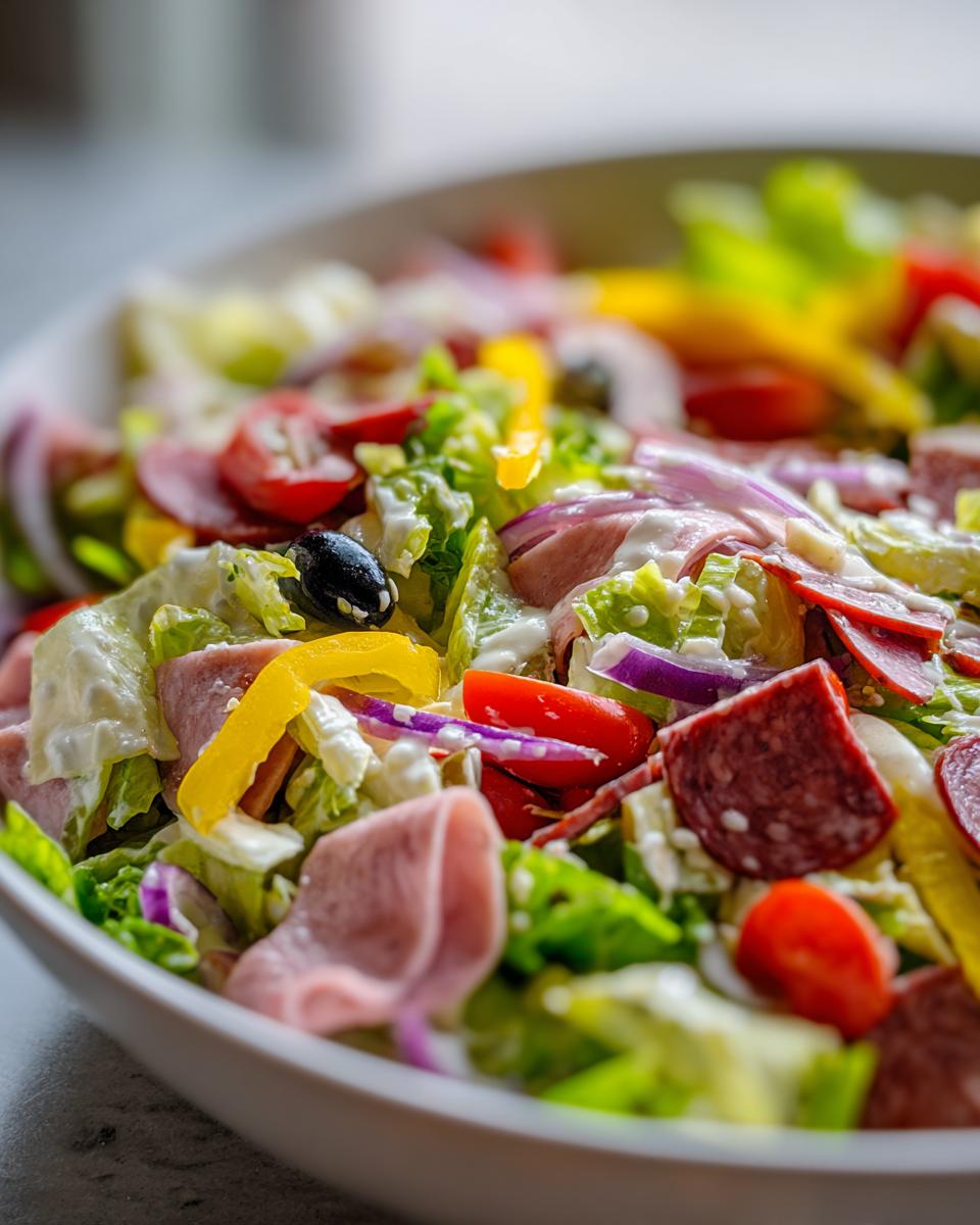 A close-up, vibrant shot of a fresh grinder salad featuring lettuce, salami, ham, red onion, tomatoes, and creamy dressing.