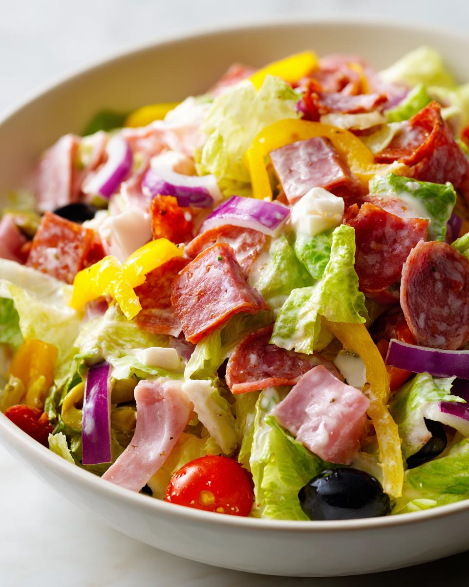 Close-up of a vibrant grinder salad featuring lettuce, pepperoni, ham, red onion, yellow peppers, and creamy dressing.