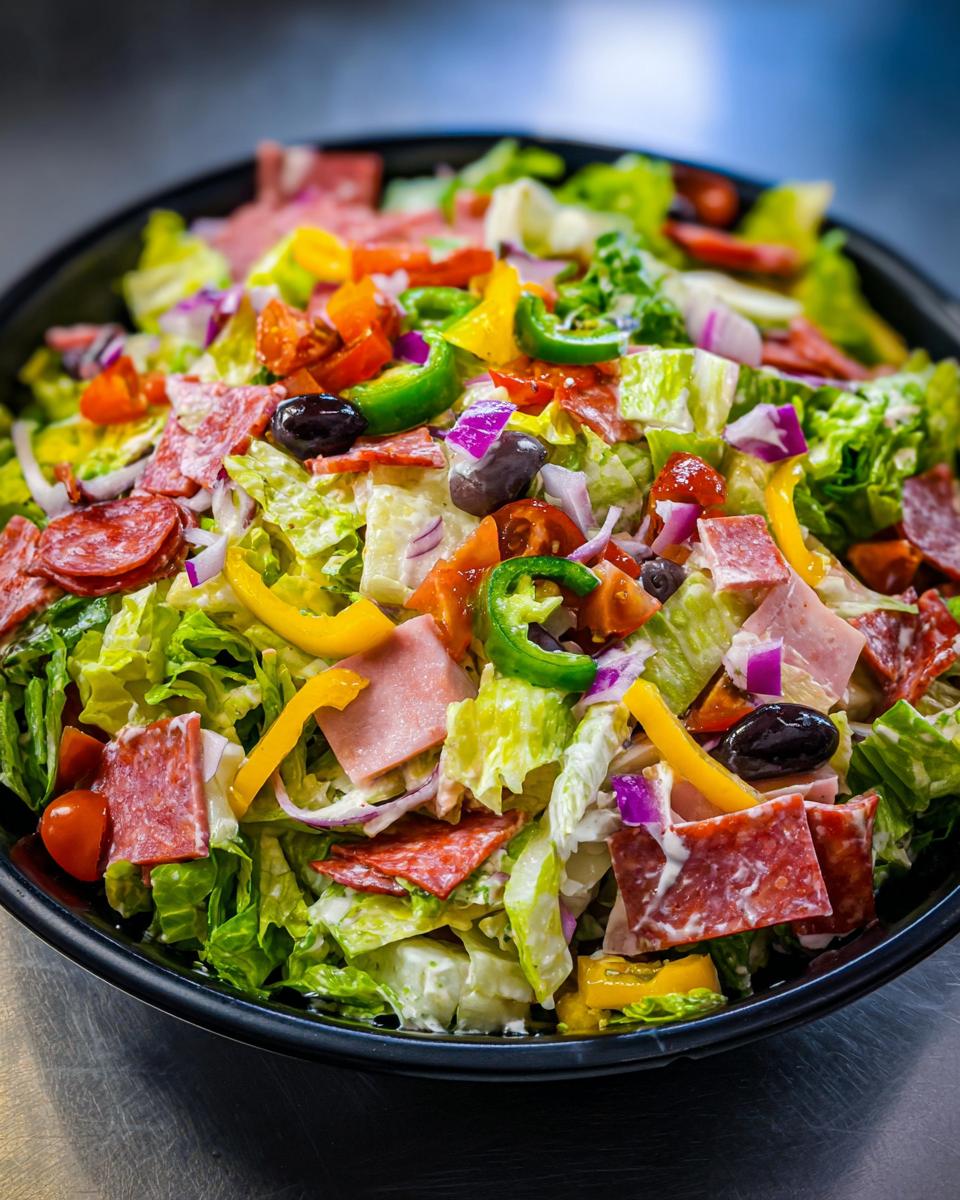 Close-up of a colorful, loaded grinder salad featuring lettuce, salami, ham, peppers, olives, and creamy dressing.