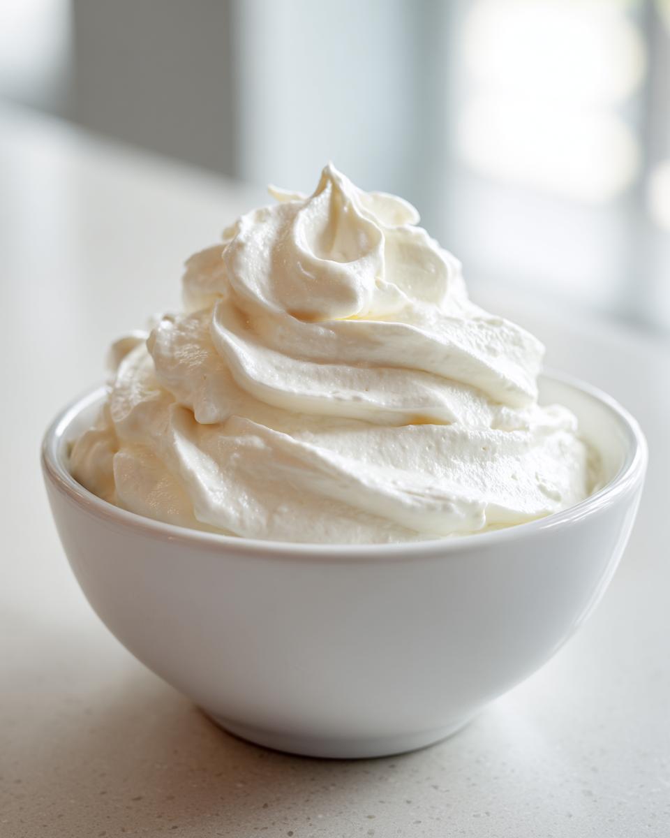 A white bowl filled with perfectly piped whipped cream, the base ingredient for the amazing fruit dip.