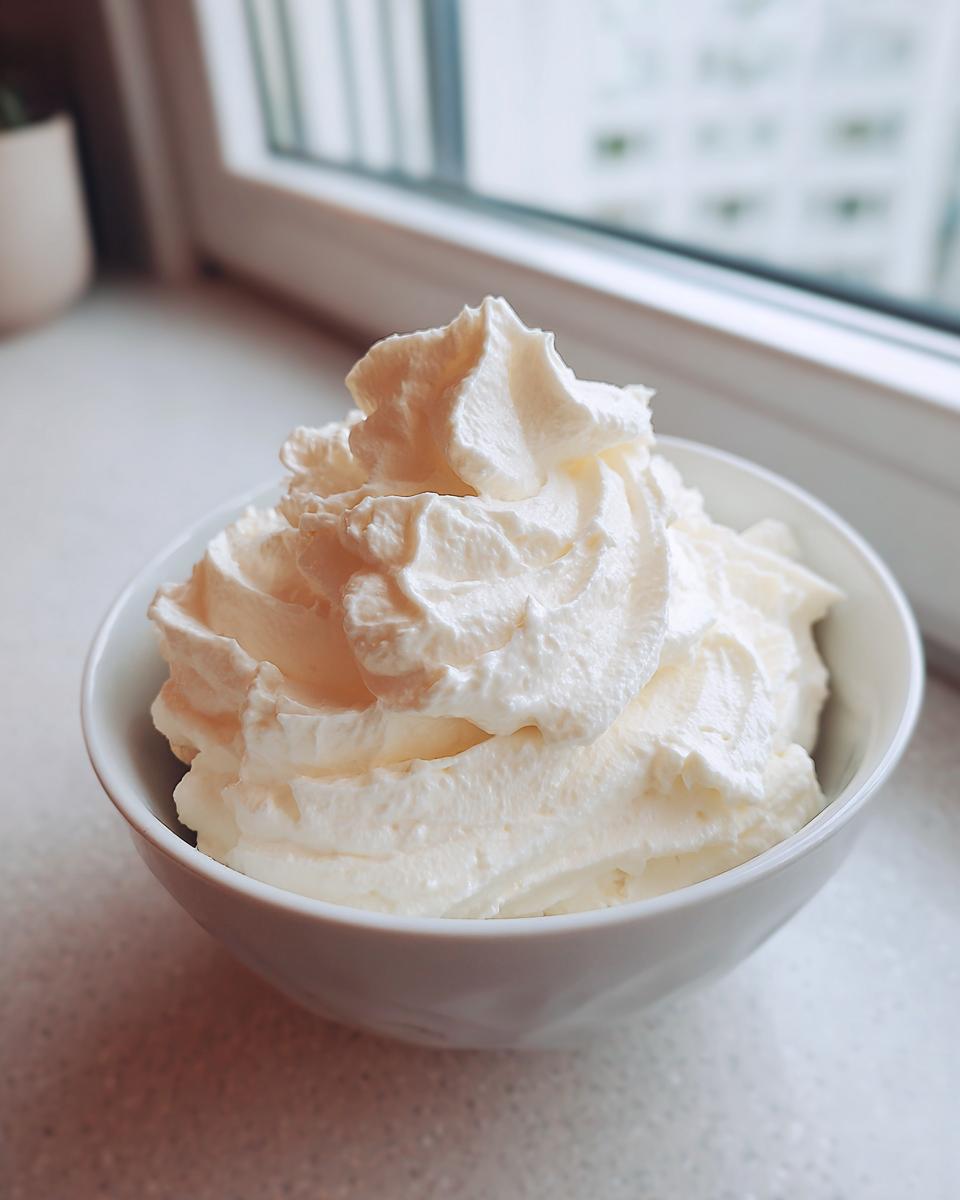 A white bowl filled with fluffy whipped cream, likely the base for the amazing 4-ingredient fruit dip.
